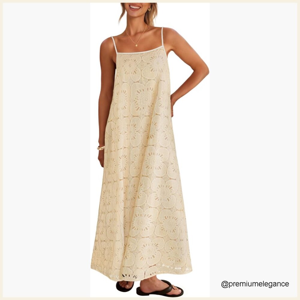 Summer Spaghetti Strap Floral Lace Maxi Dress with Pockets - Picture 1 of 7